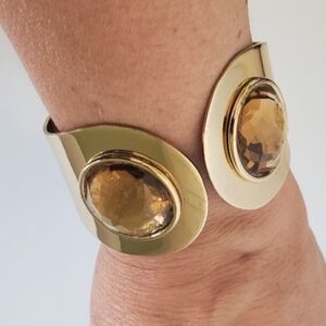 Bold Goldtone Clamper Bracelet Large Golden Amber Glass Cabochons Statement